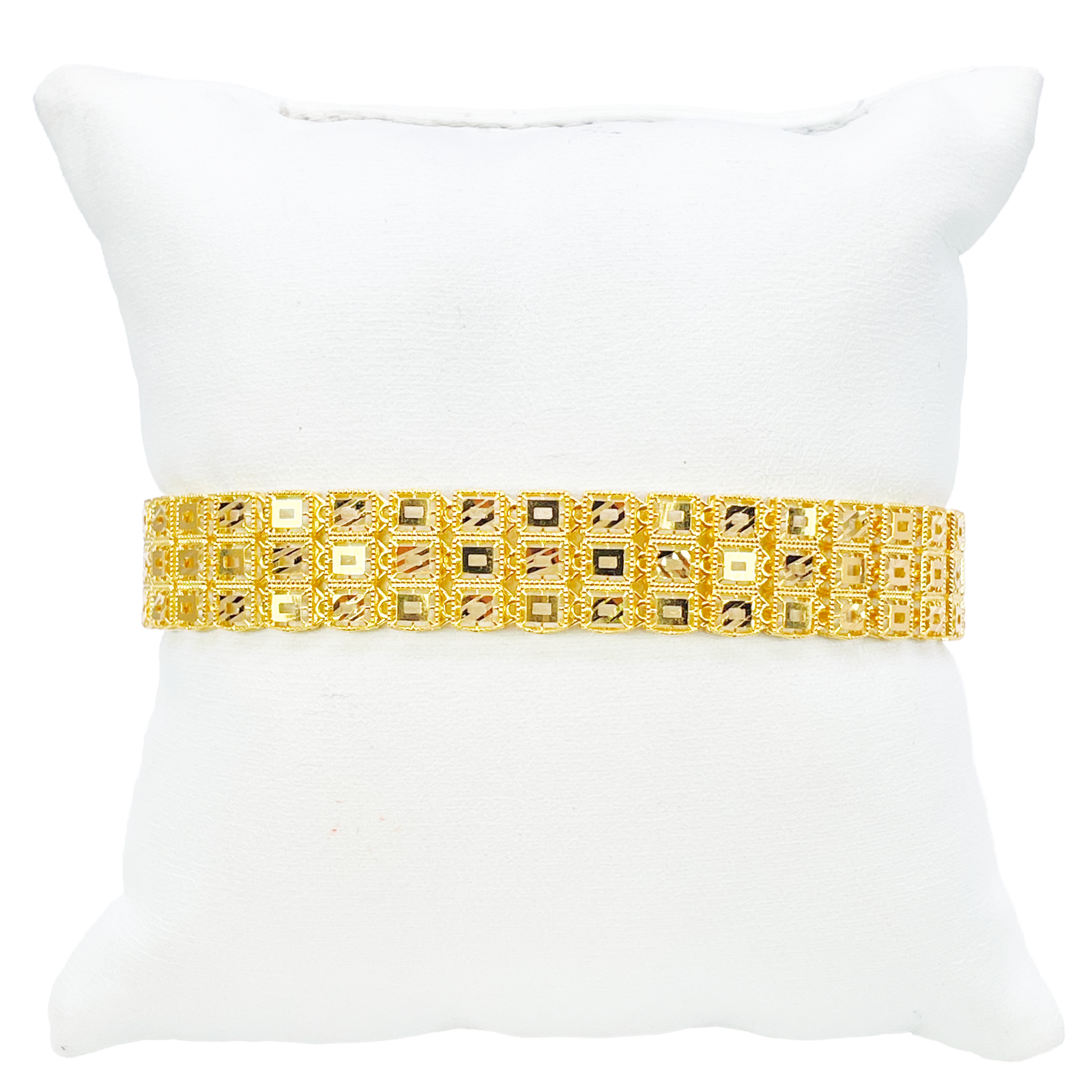 22ct Gold Milgrain Bracelet Three Row Diamond Cut Square 7.5 Inches 11.6mm Width 