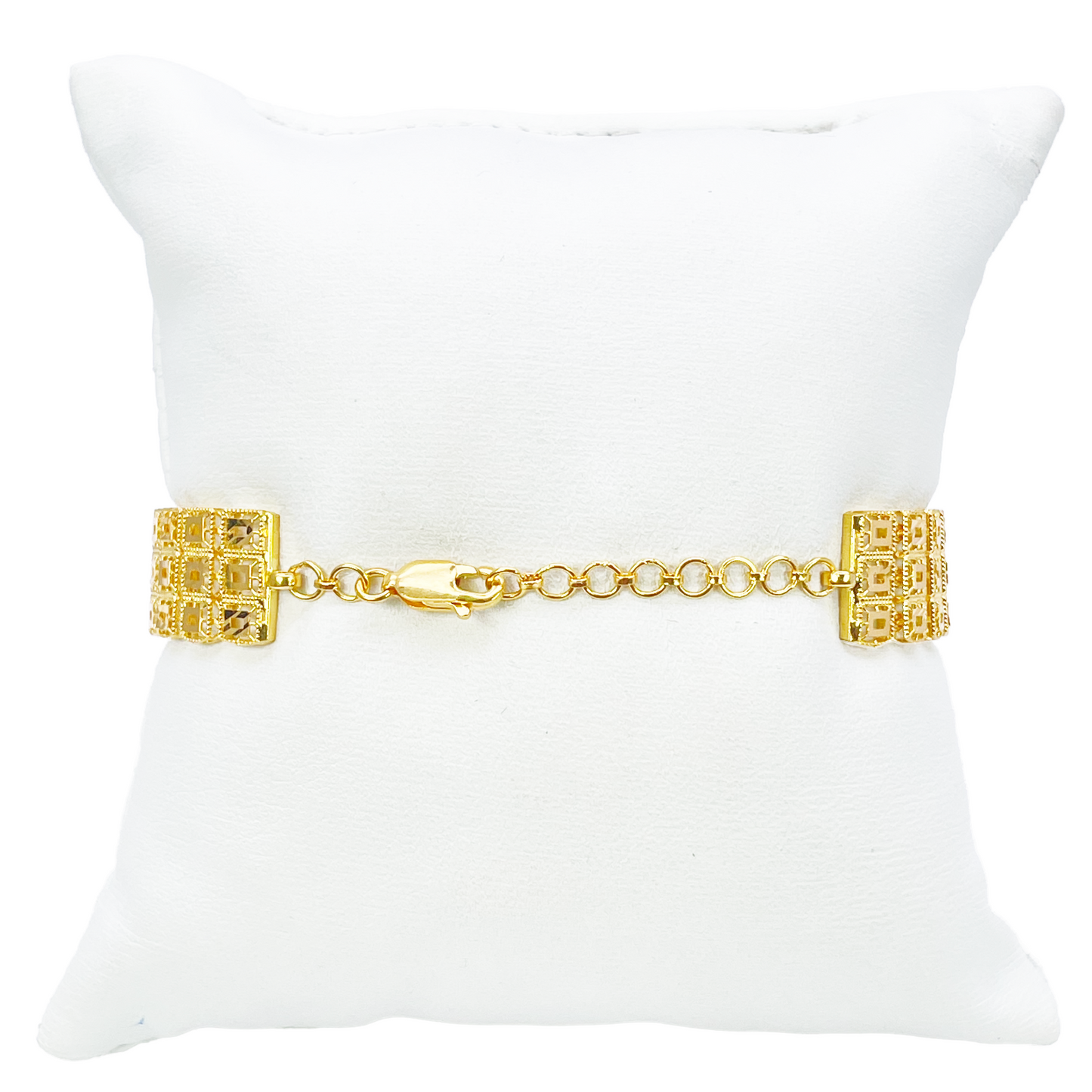 22ct Gold Milgrain Bracelet Three Row Diamond Cut Square 7.5 Inches 11.6mm Width 
