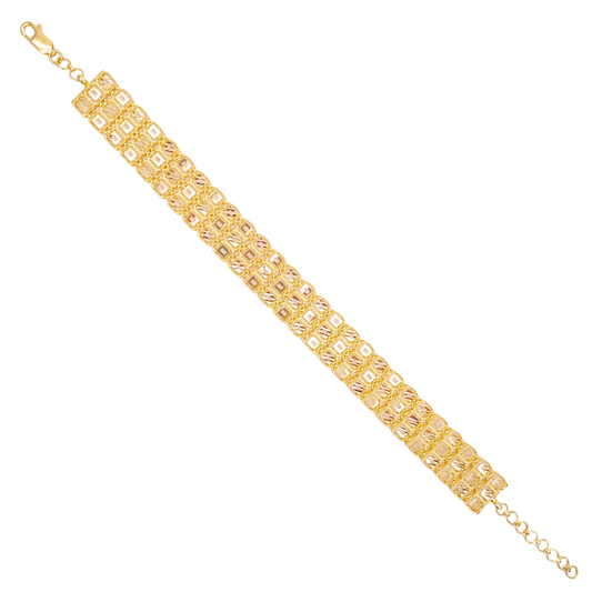 22ct Gold Milgrain Bracelet Three Row Diamond Cut Square 7.5 Inches 11.6mm Width 