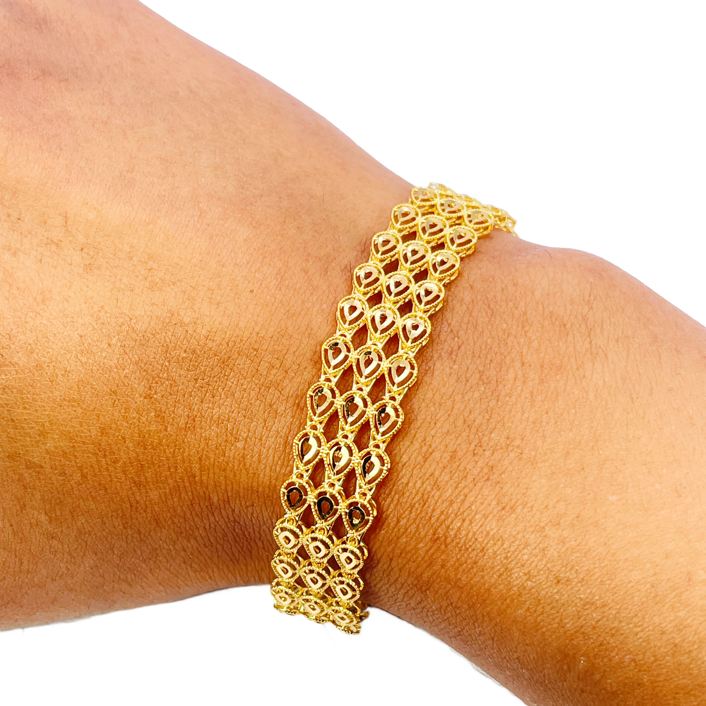 22ct Gold Milgrain Bracelet Three Row Diamond Cut Teardrop 7.5 Inch 12mm Width 
