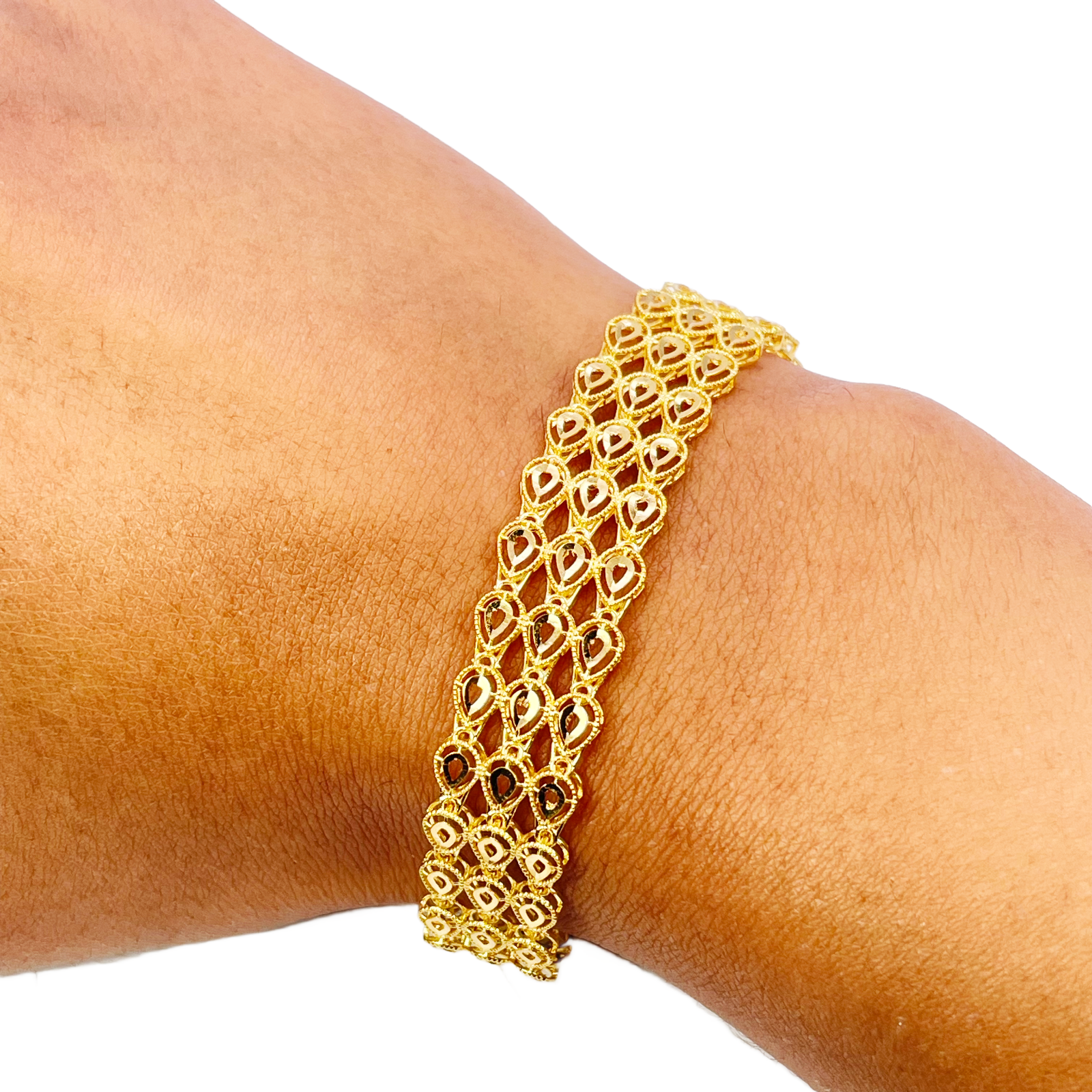 22ct Gold Milgrain Bracelet Three Row Diamond Cut Teardrop 7.5 Inch 12mm Width 