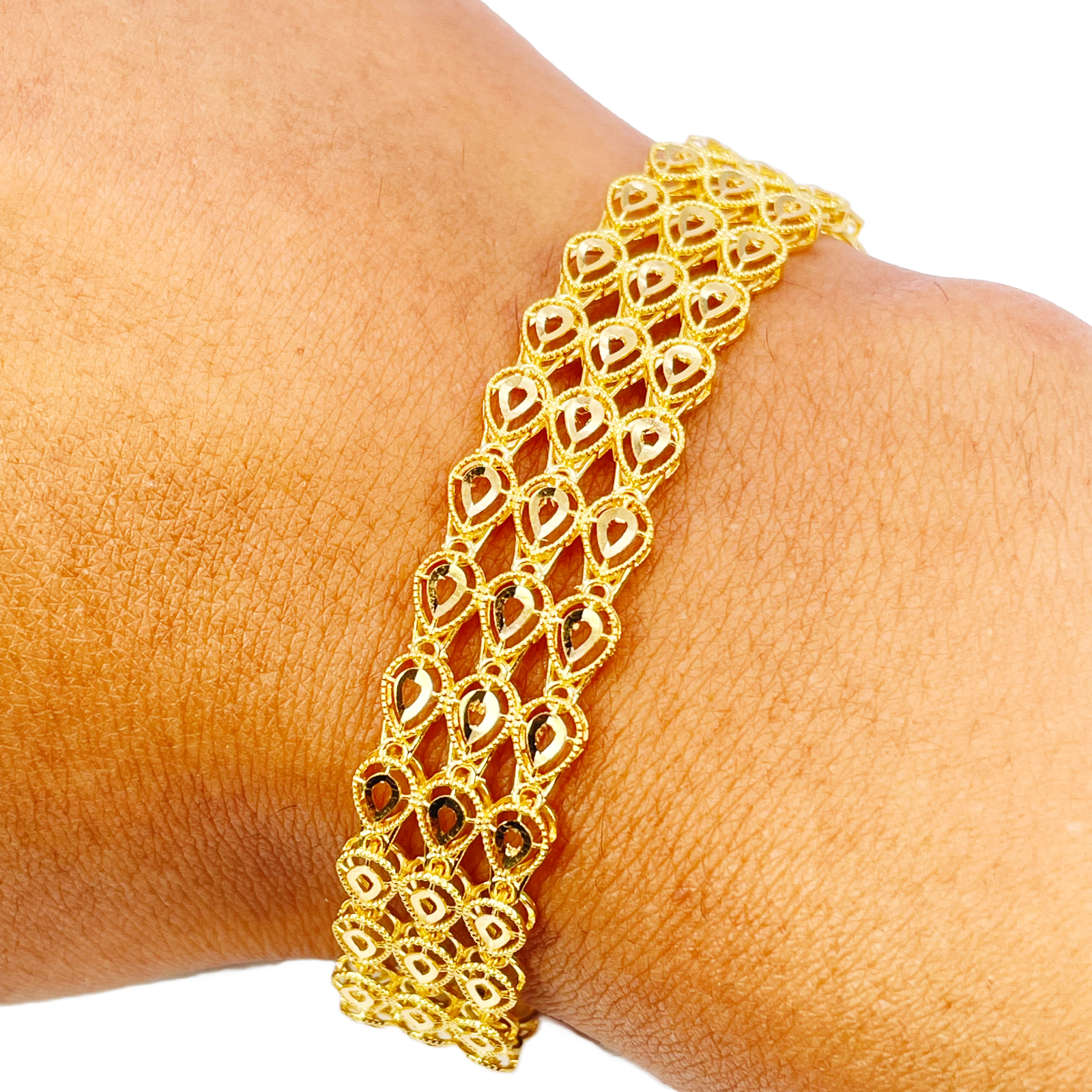22ct Gold Milgrain Bracelet Three Row Diamond Cut Teardrop 7.5 Inch 12mm Width 