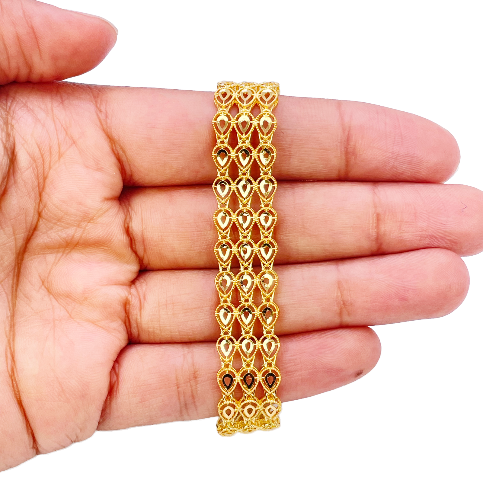 22ct Gold Milgrain Bracelet Three Row Diamond Cut Teardrop 7.5 Inch 12mm Width 