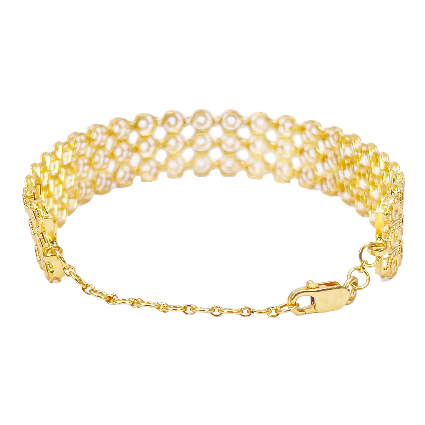 22ct Gold Milgrain Bracelet Three Row Diamond Cut Hexagon 7.5 Inch 13mm Width 