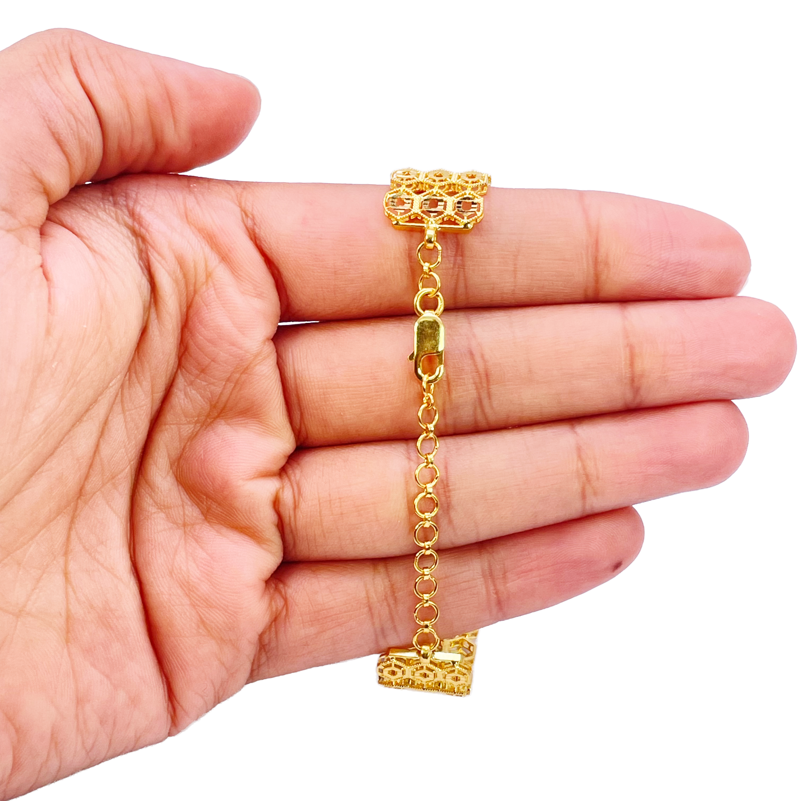 22ct Gold Milgrain Bracelet Three Row Diamond Cut Hexagon 7.5 Inch 13mm Width 