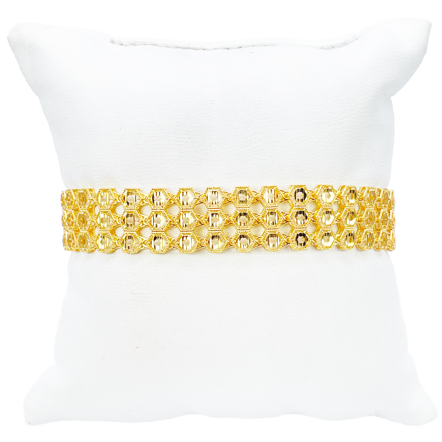 22ct Gold Milgrain Bracelet Three Row Diamond Cut Hexagon 7.5 Inch 13mm Width 