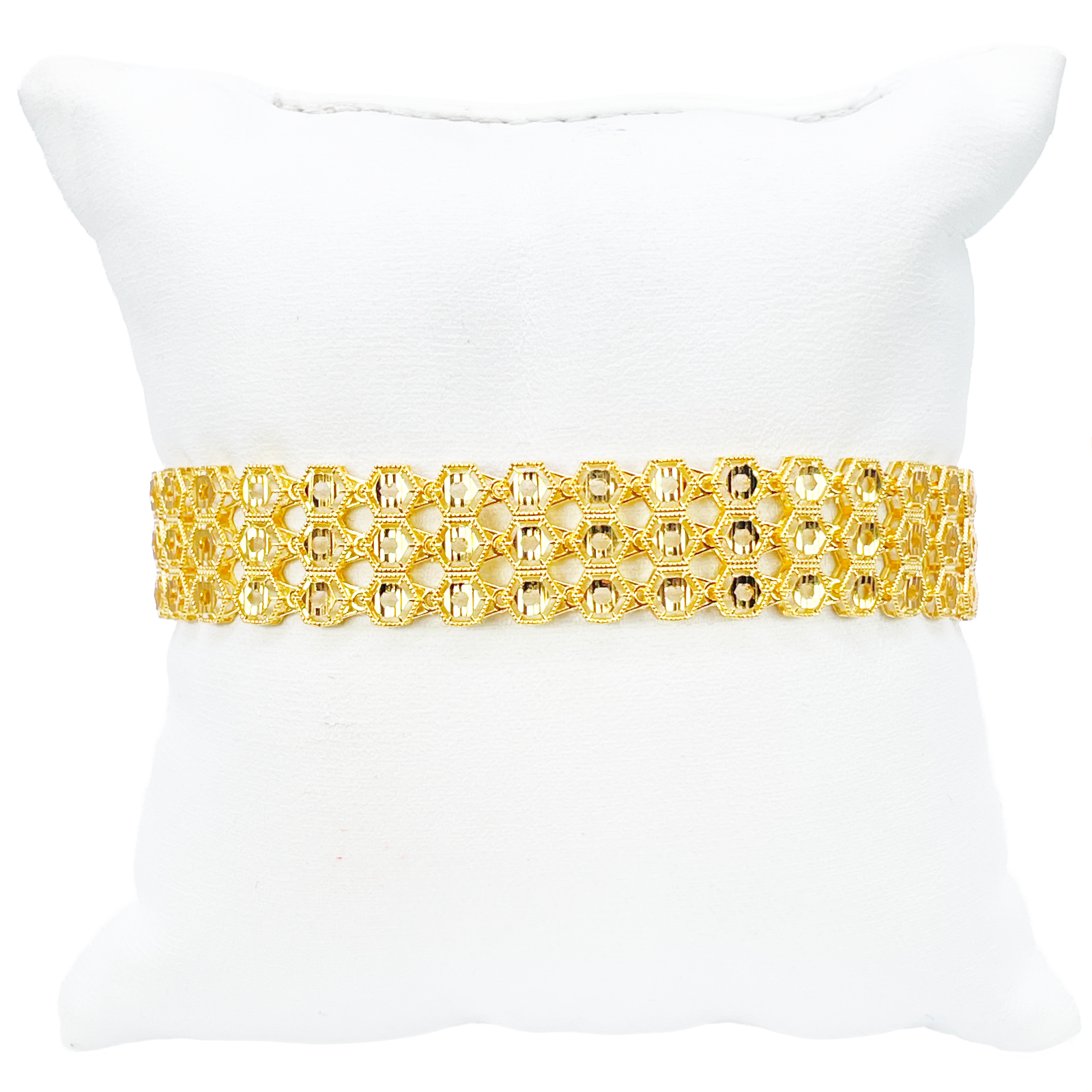 22ct Gold Milgrain Bracelet Three Row Diamond Cut Hexagon 7.5 Inch 13mm Width 