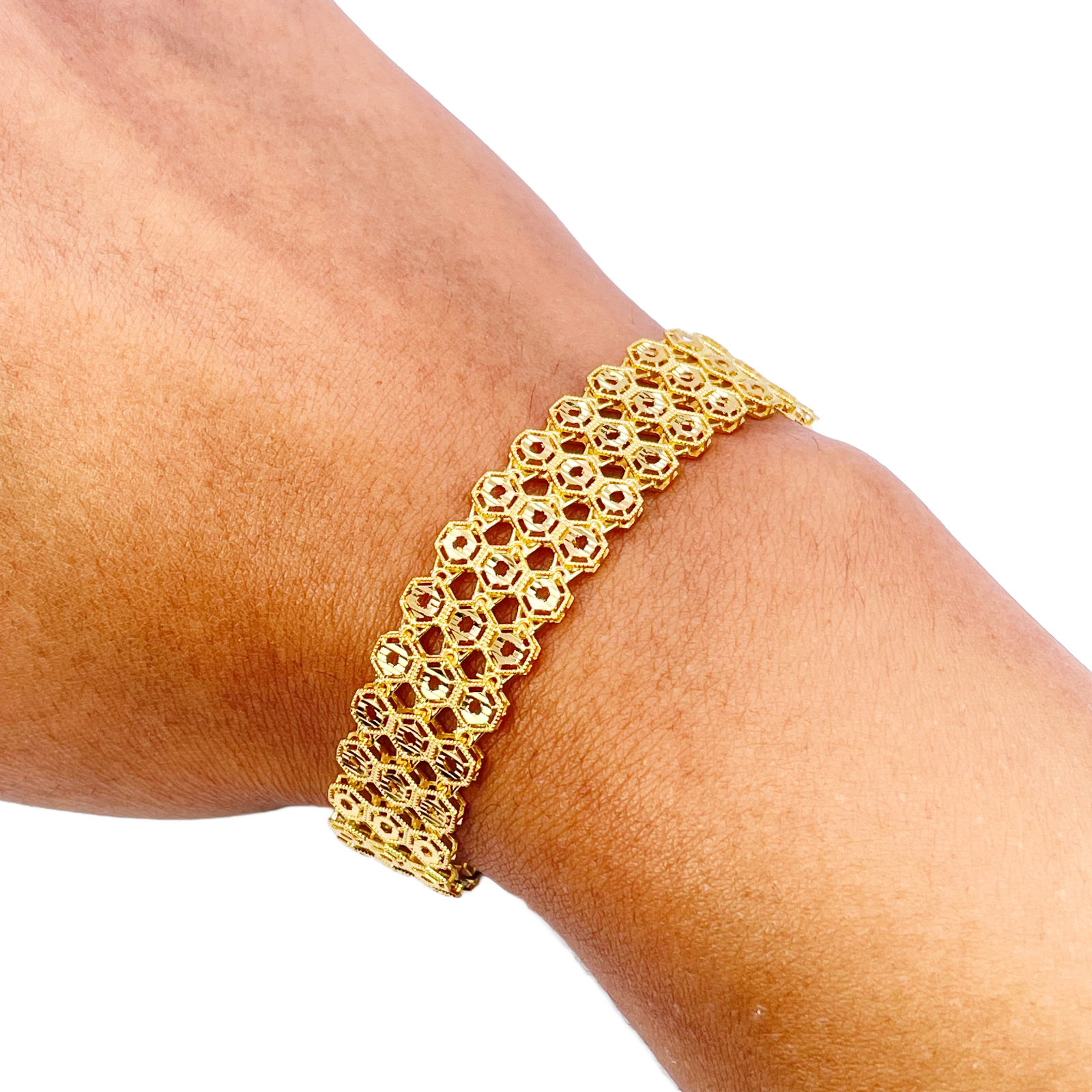 22ct Gold Milgrain Bracelet Three Row Diamond Cut Hexagon 7.5 Inch 13mm Width 