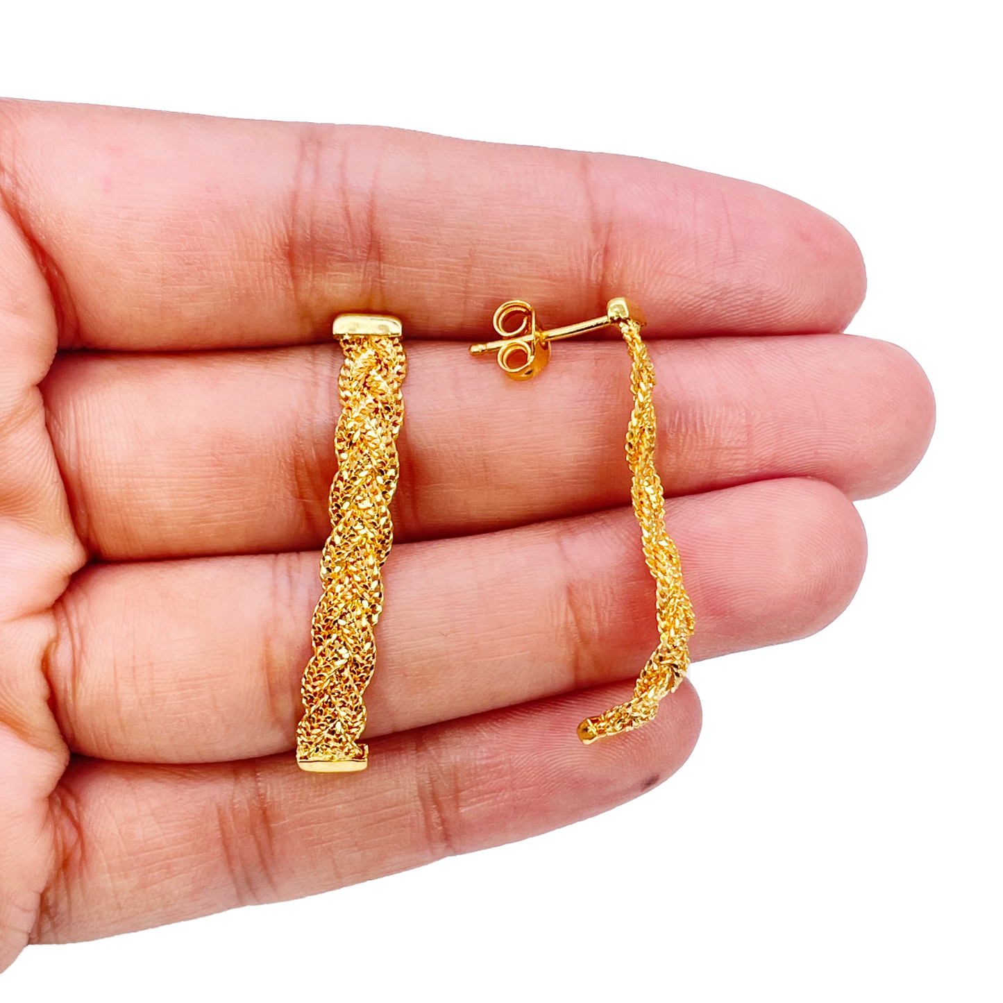 22ct Gold Filigree Earrings Braided Drop Studs 38x5mm 