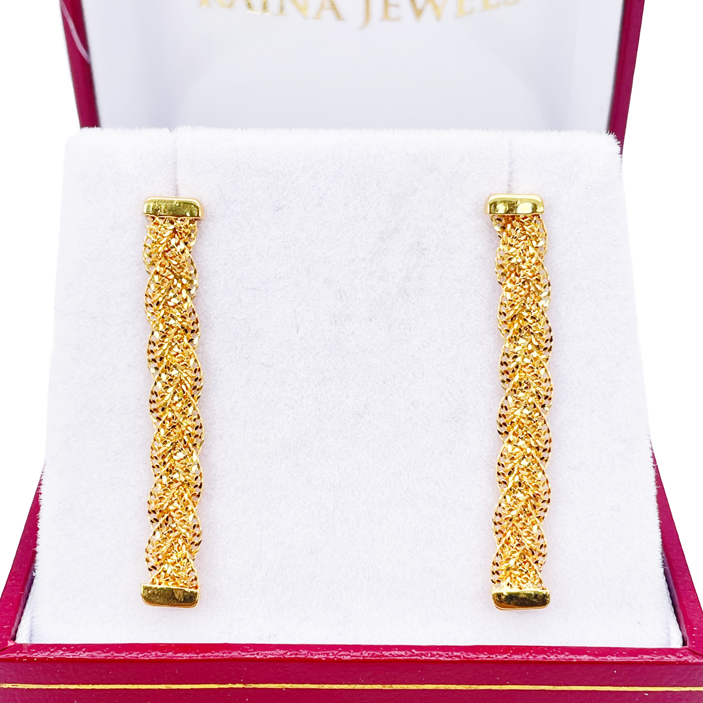 22ct Gold Filigree Earrings Braided Drop Studs 38x5mm 