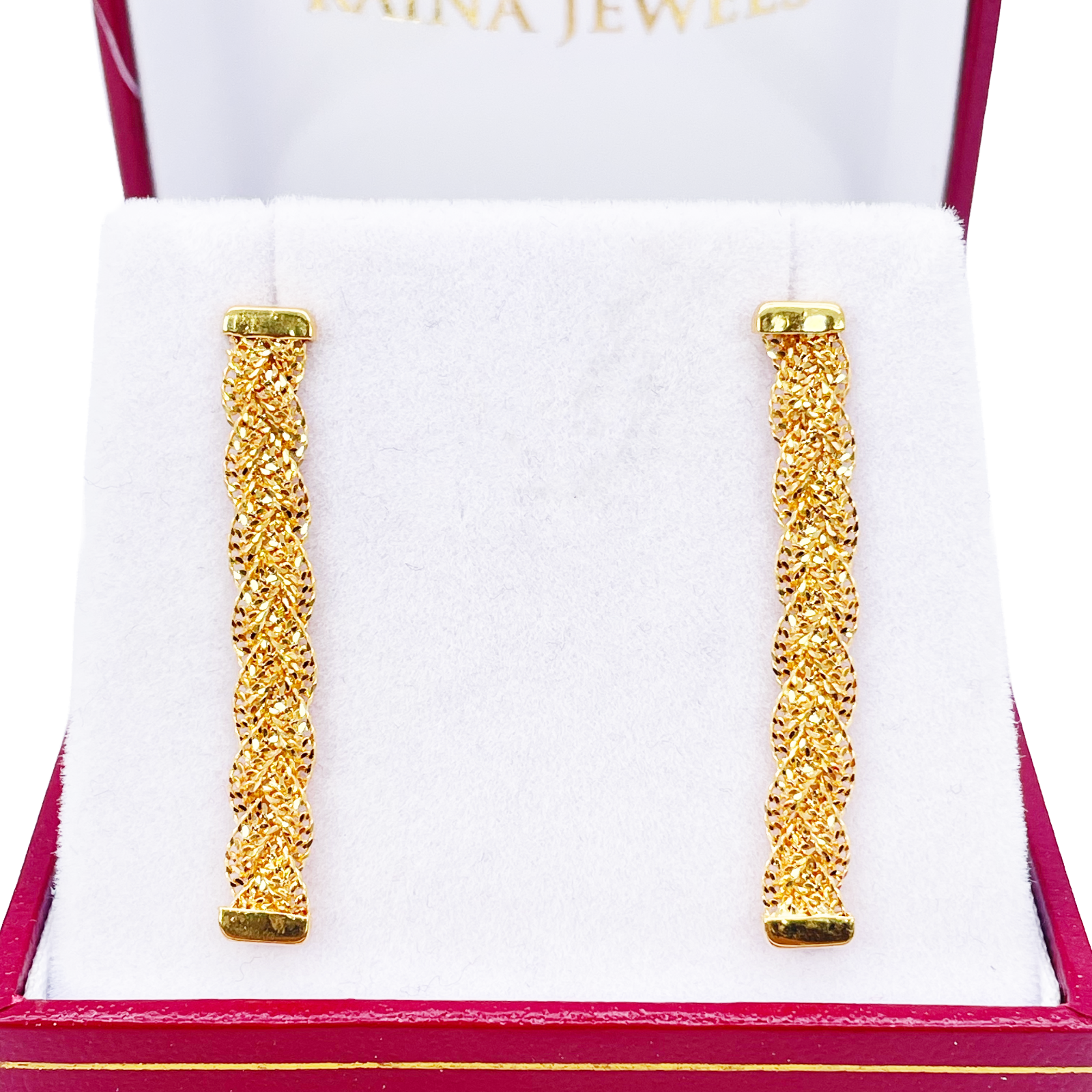 22ct Gold Filigree Earrings Braided Drop Studs 38x5mm 