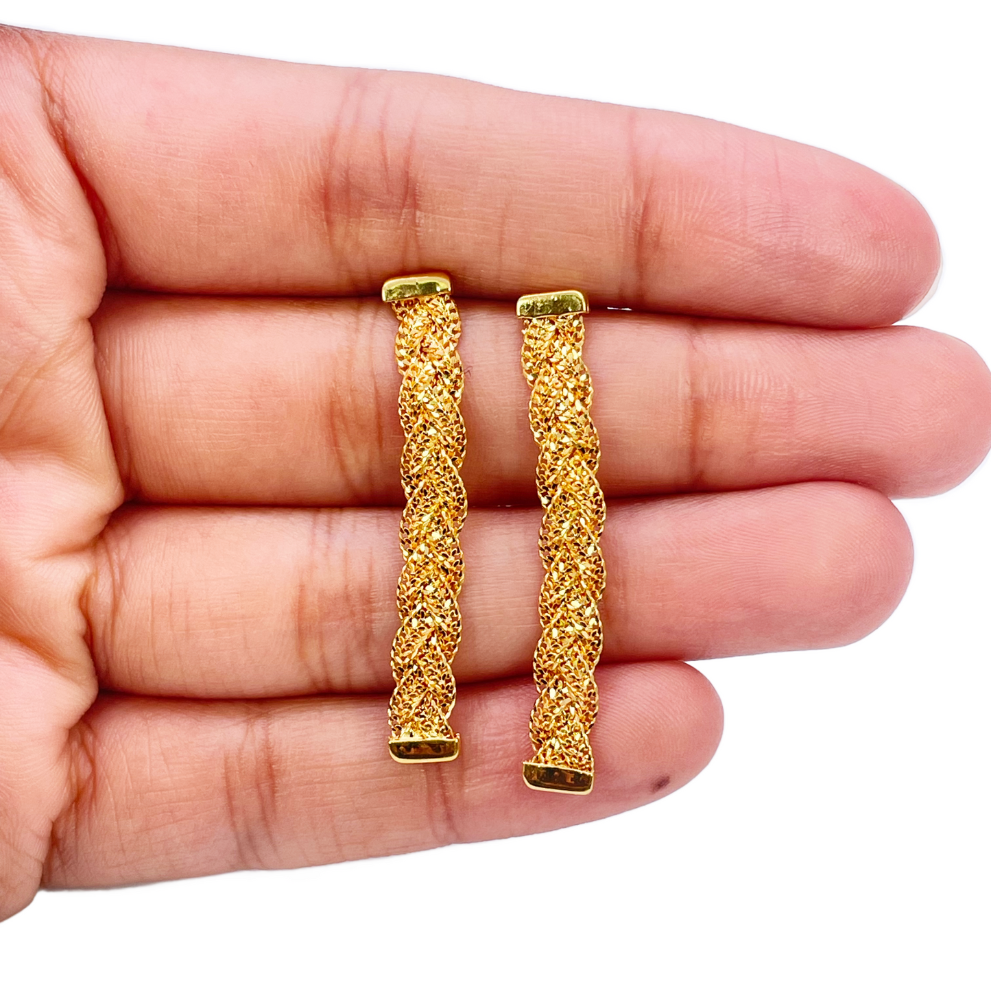 22ct Gold Filigree Earrings Braided Drop Studs 38x5mm 