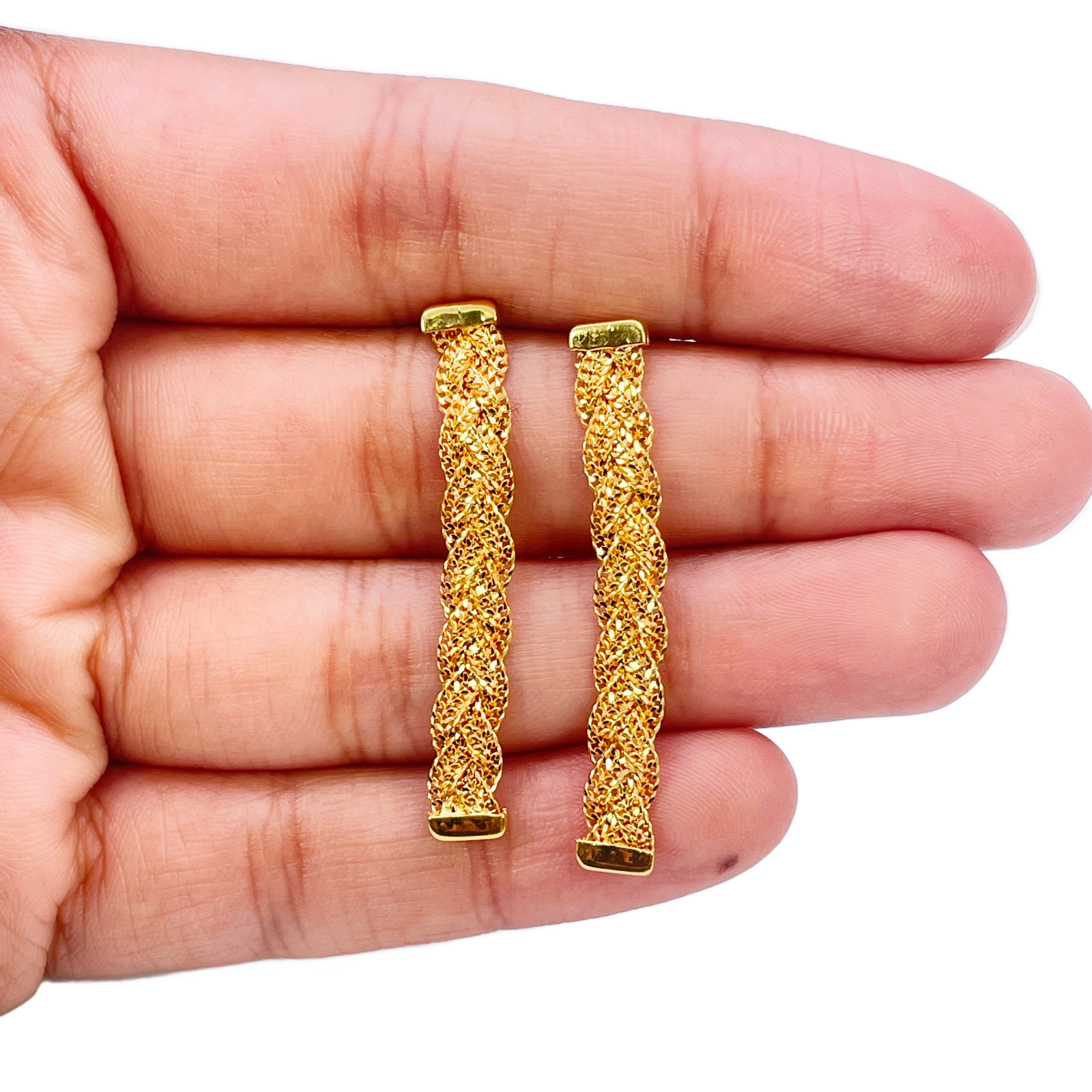 22ct Gold Filigree Earrings Braided Drop Studs 38x5mm 