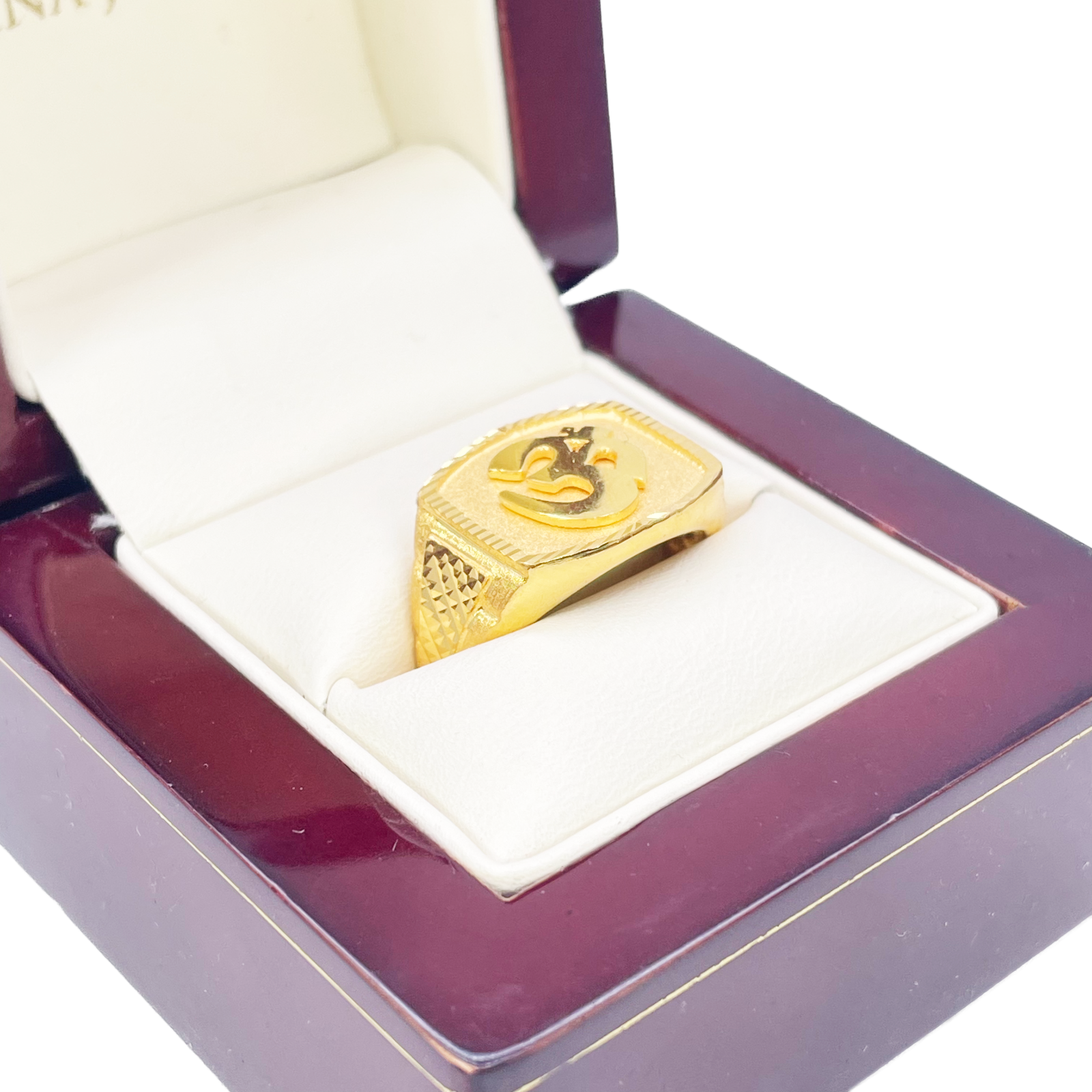 22ct Gold OM Signet Diamond Cut High Polished, Matt & Textured Mens Ring 