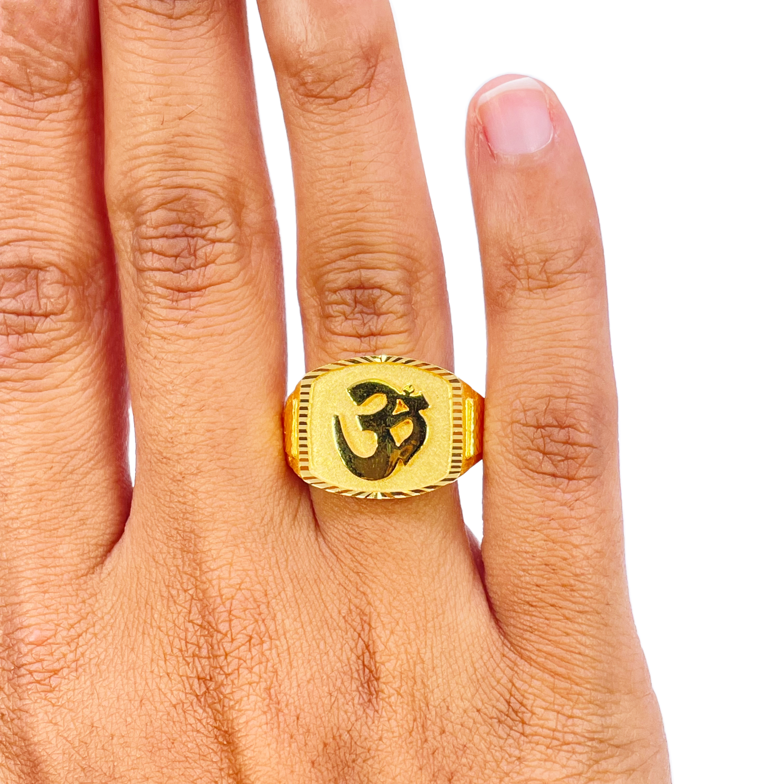 22ct Gold OM Signet Diamond Cut High Polished, Matt & Textured Mens Ring 