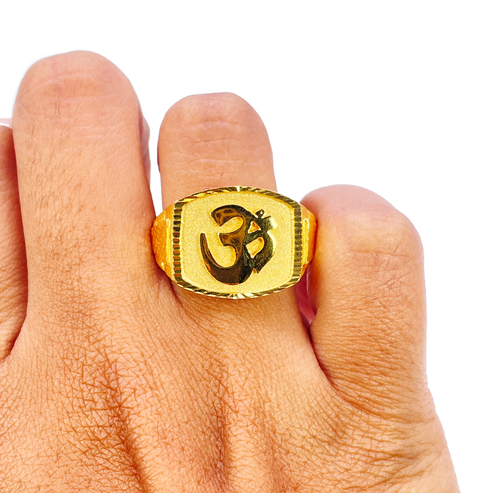 22ct Gold OM Signet Diamond Cut High Polished, Matt & Textured Mens Ring 