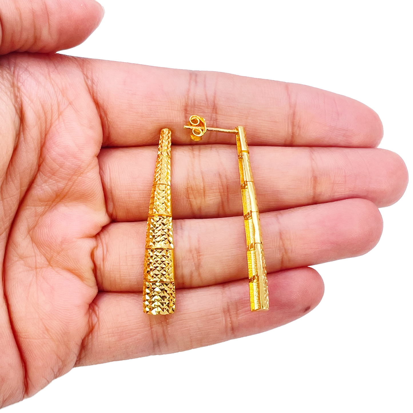 22ct Gold Drop Earrings Diamond Cut Shimmer Textured Studs 1.5 Inches 