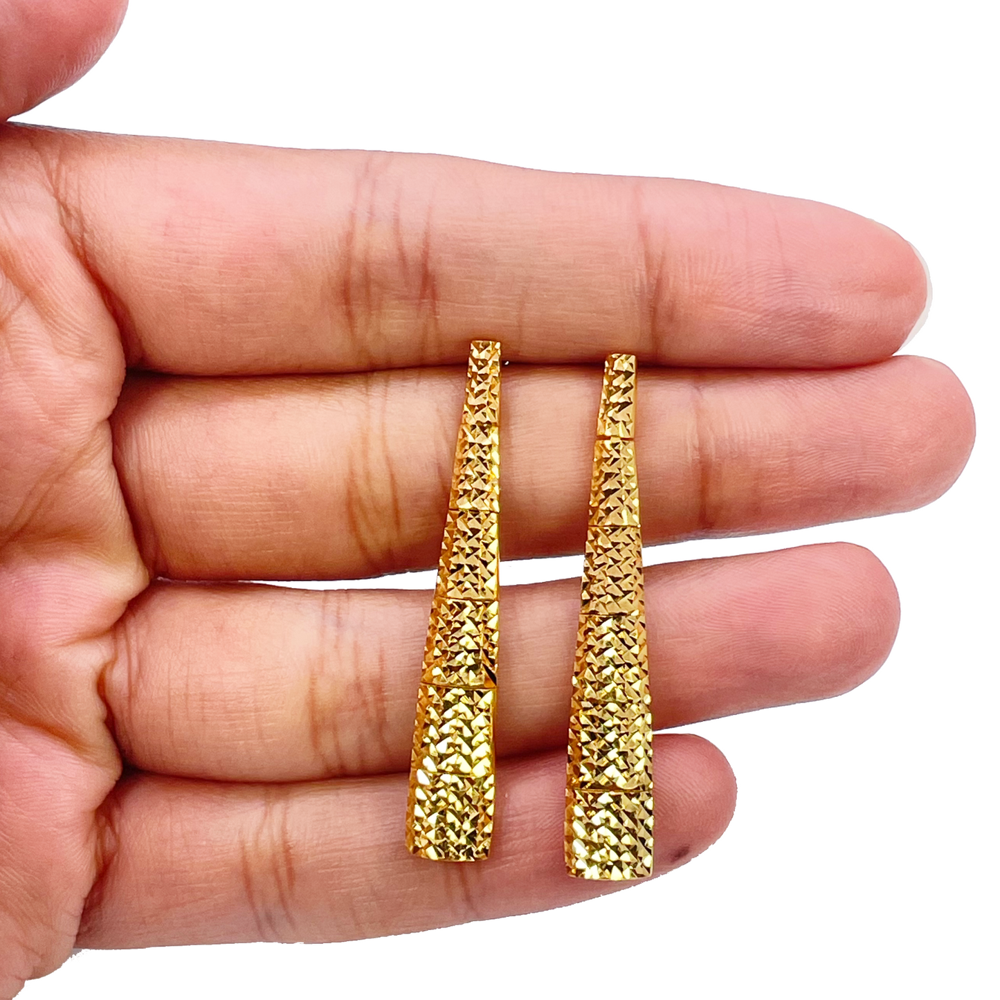 22ct Gold Drop Earrings Diamond Cut Shimmer Textured Studs 1.5 Inches 