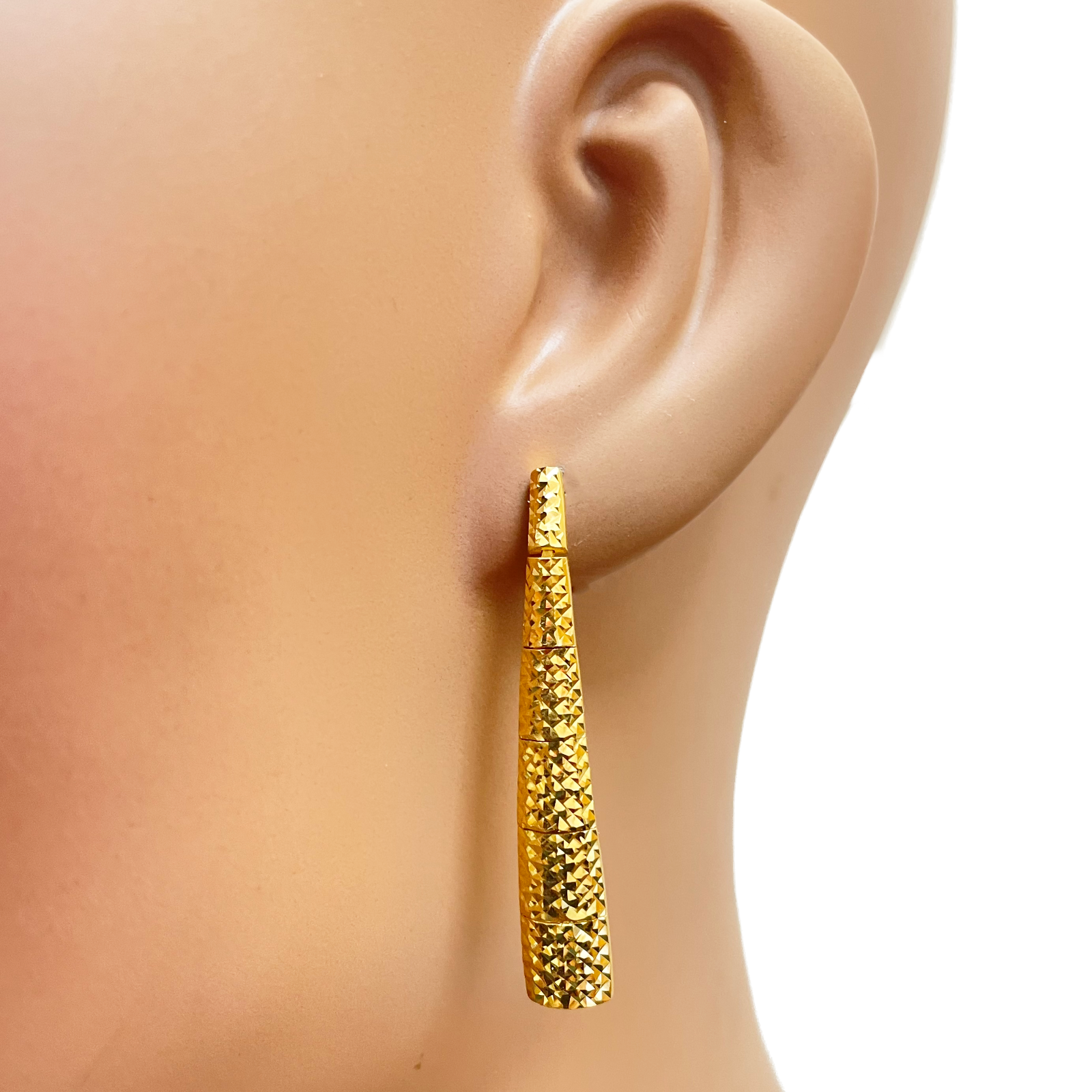 22ct Gold Drop Earrings Diamond Cut Shimmer Textured Studs 1.5 Inches 