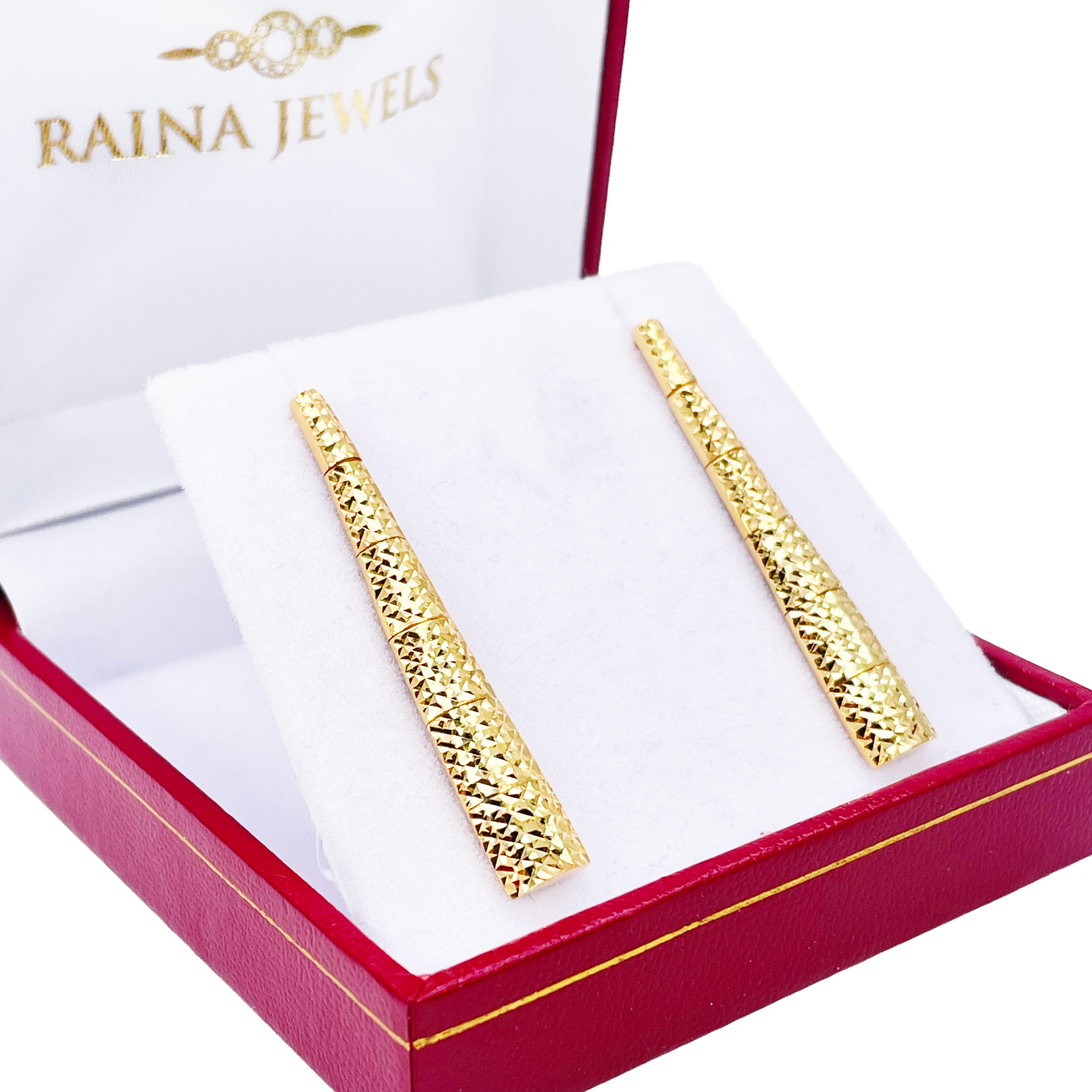 22ct Gold Drop Earrings Diamond Cut Shimmer Textured Studs 1.5 Inches 