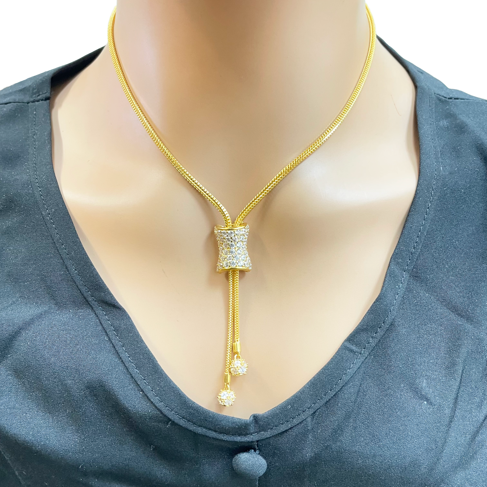 22ct Gold Cubic Zirconia Y-Drop Necklace Lariat Dragon Foxtail Tassel Chain 16.5 Inches 