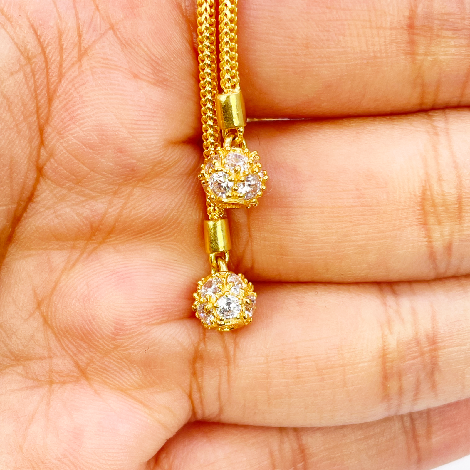 22ct Gold Cubic Zirconia Y-Drop Necklace Lariat Dragon Foxtail Tassel Chain 16.5 Inches 