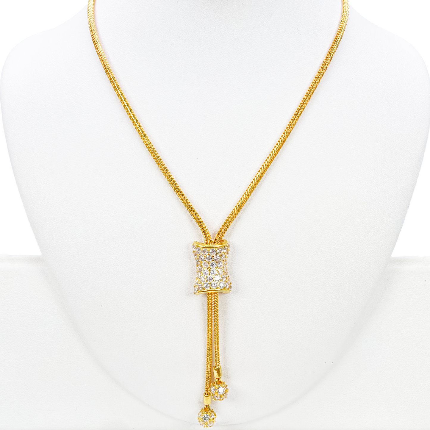 22ct Gold Cubic Zirconia Y-Drop Necklace Lariat Dragon Foxtail Tassel Chain 16.5 Inches 