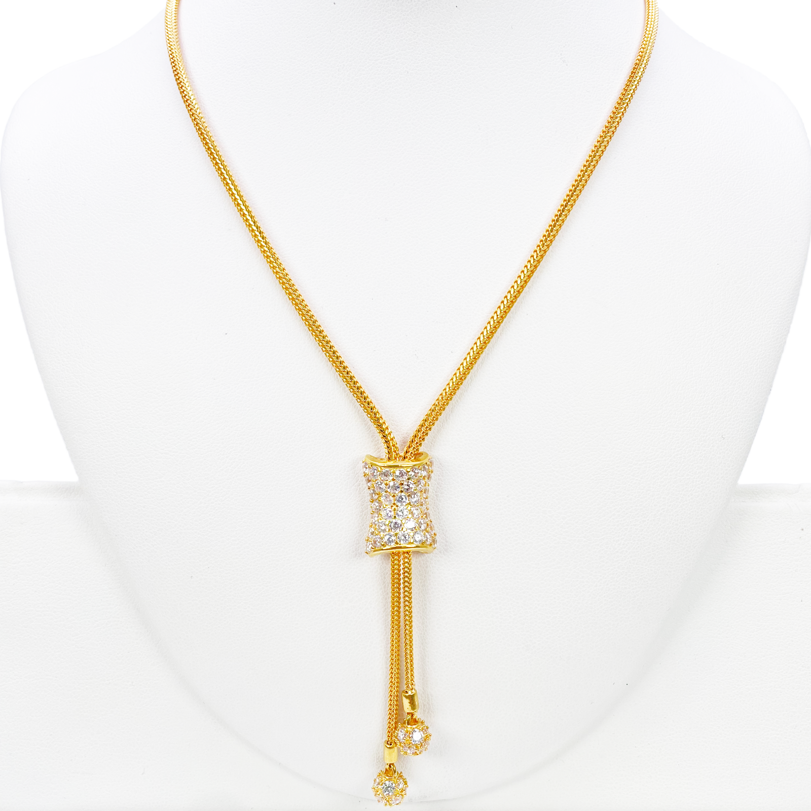 22ct Gold Cubic Zirconia Y-Drop Necklace Lariat Dragon Foxtail Tassel Chain 16.5 Inches 