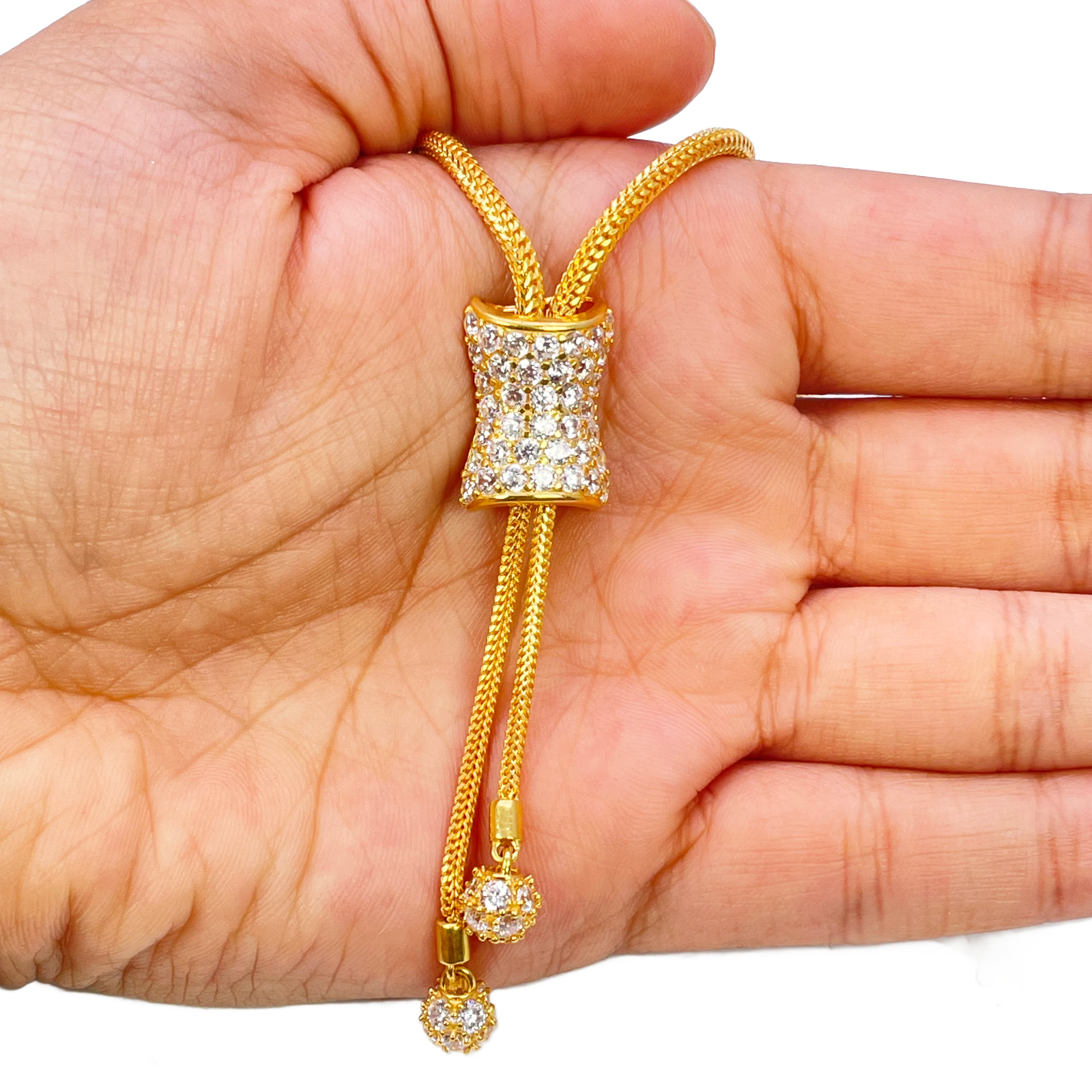 22ct Gold Cubic Zirconia Y-Drop Necklace Lariat Dragon Foxtail Tassel Chain 16.5 Inches 