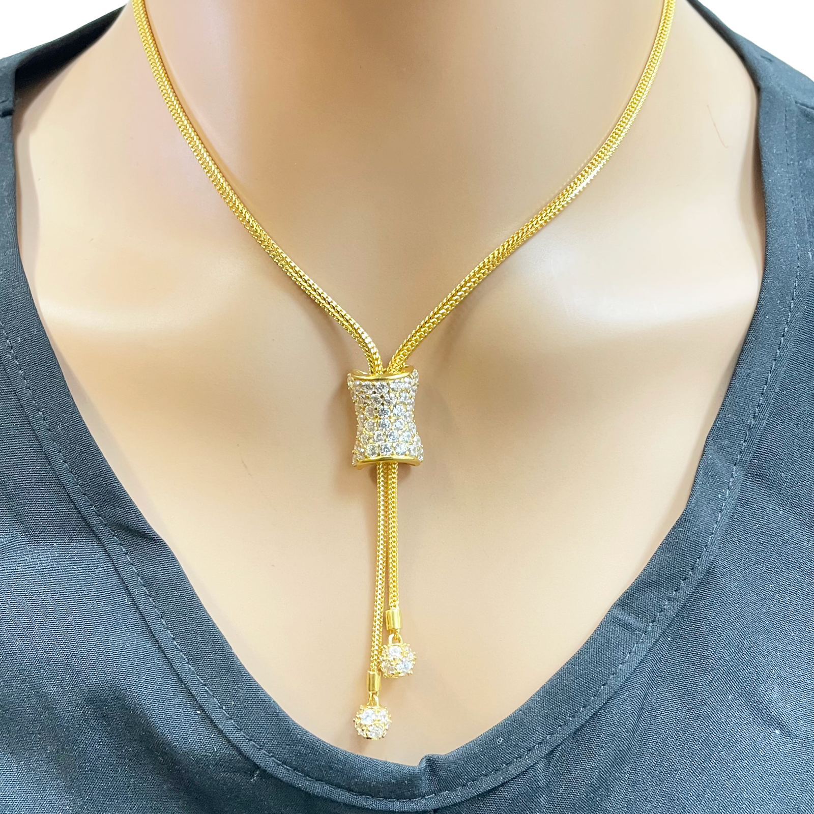 22ct Gold Cubic Zirconia Y-Drop Necklace Lariat Dragon Foxtail Tassel Chain 16.5 Inches 
