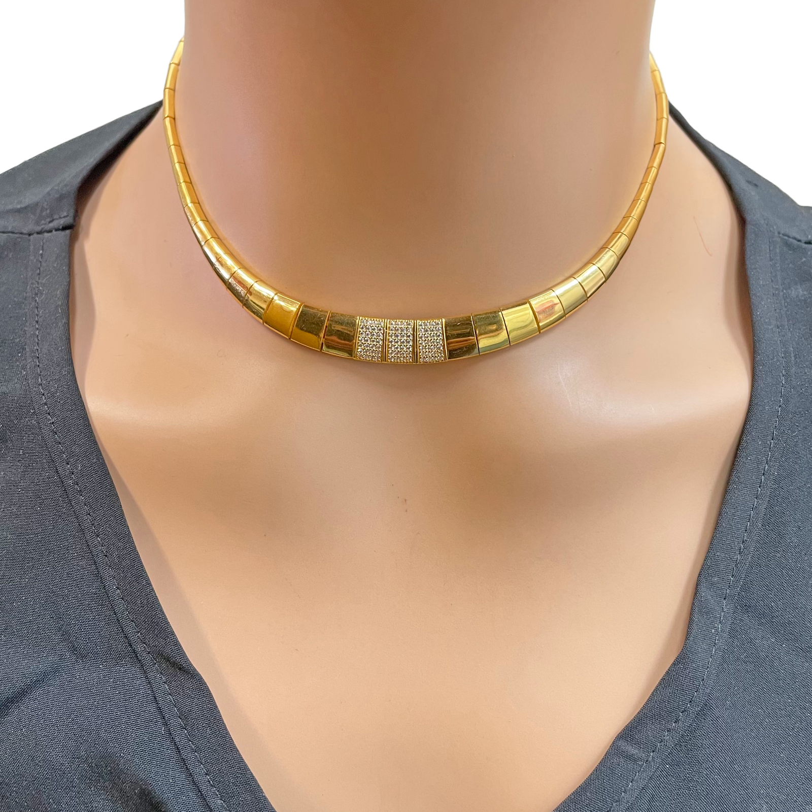 22ct Gold Cubic Zirconia Choker Necklace High Polished 15 Inches 8.8mm Width 