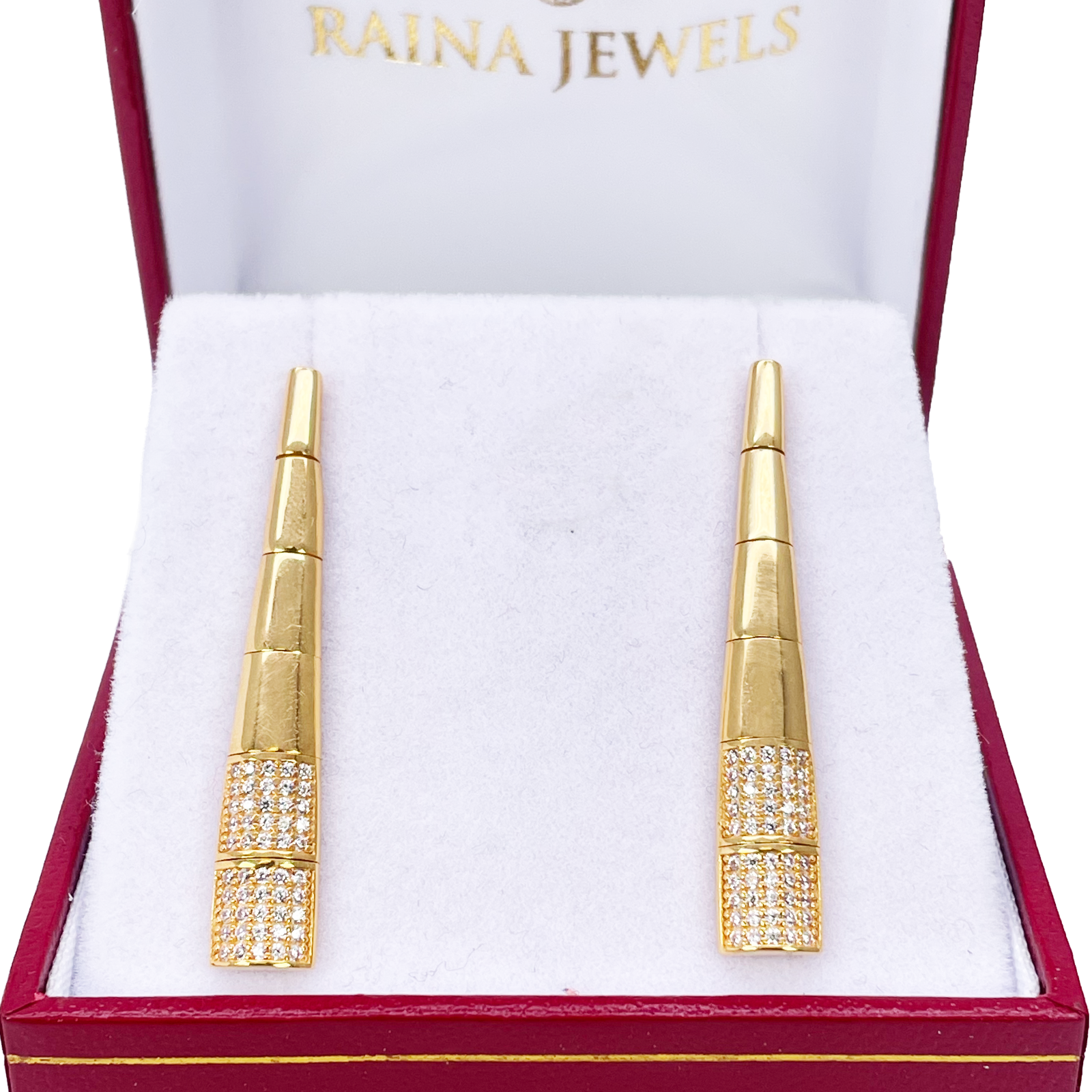 22ct Gold Cubic Zirconia Drop Earrings High Polished Studs 1.5 Inches 6.7mm Width 