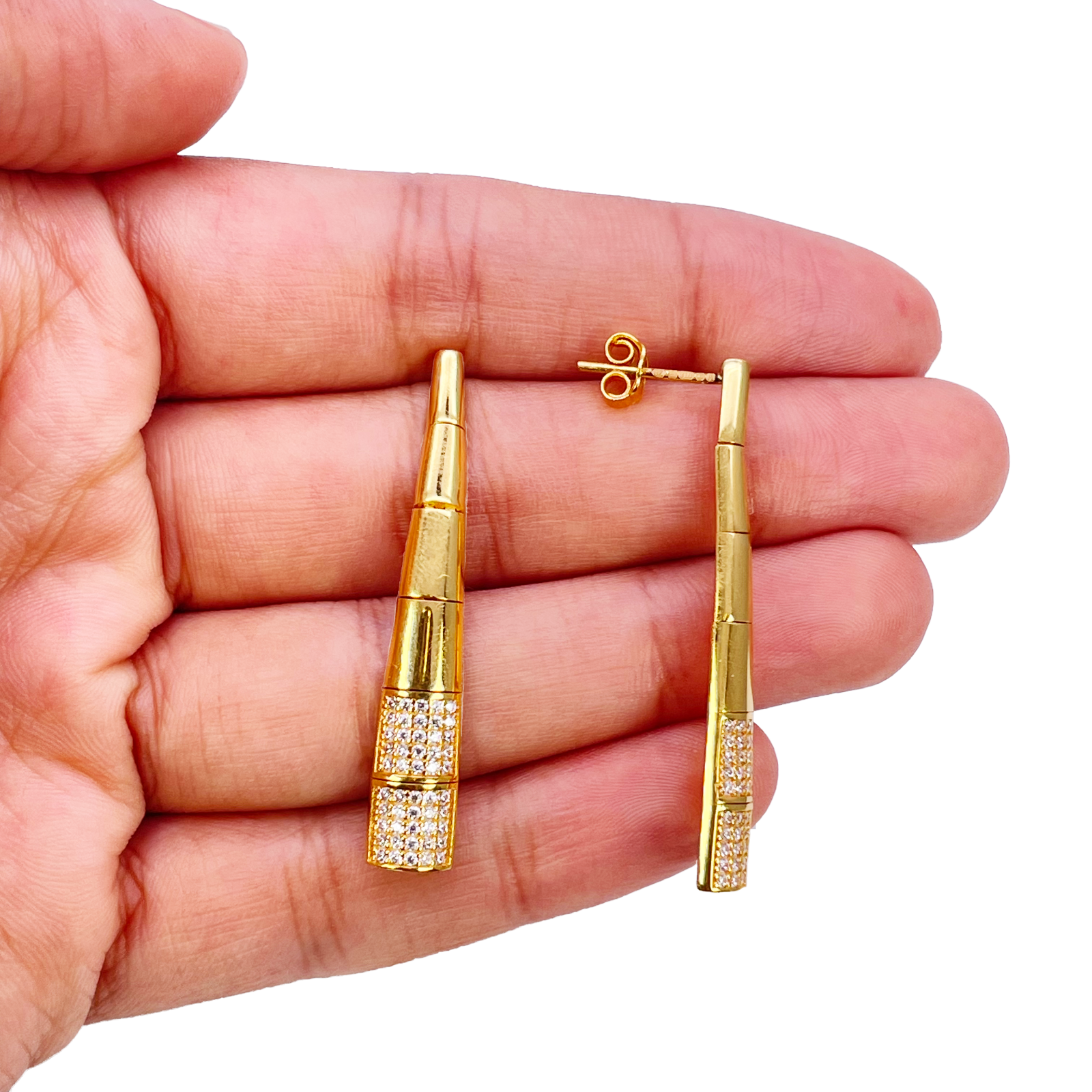 22ct Gold Cubic Zirconia Drop Earrings High Polished Studs 1.5 Inches 6.7mm Width 