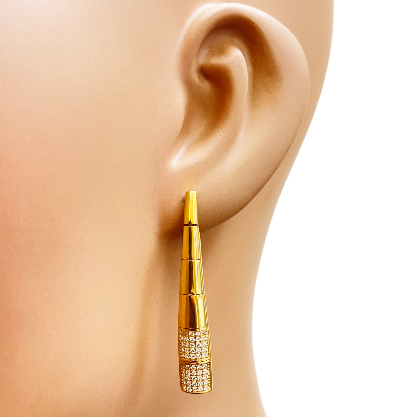 22ct Gold Cubic Zirconia Drop Earrings High Polished Studs 1.5 Inches 6.7mm Width 