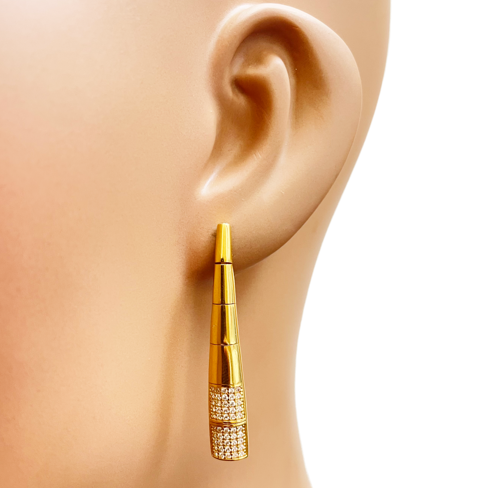 22ct Gold Cubic Zirconia Drop Earrings High Polished Studs 1.5 Inches 6.7mm Width 