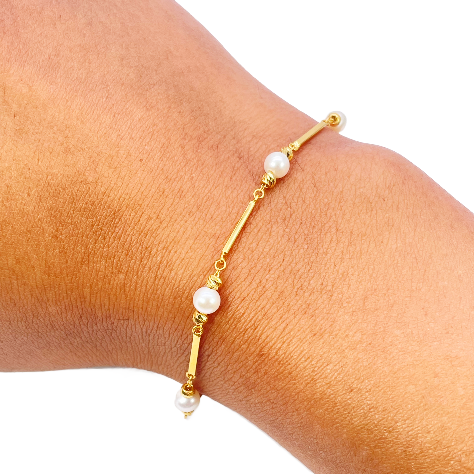 22ct Gold Pearl Bracelet Bar Link Seven Freshwater Pearls 7 Inches 