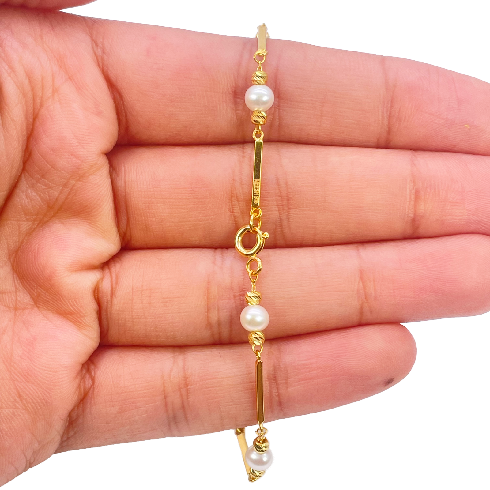 22ct Gold Pearl Bracelet Bar Link Seven Freshwater Pearls 7 Inches 