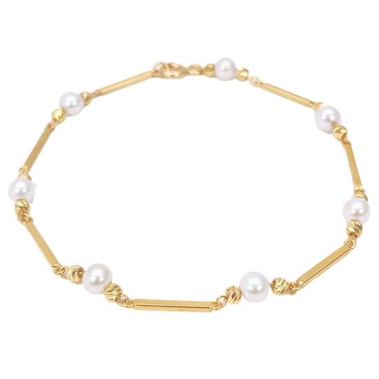 22ct Gold Pearl Bracelet Bar Link Seven Freshwater Pearls 7 Inches 