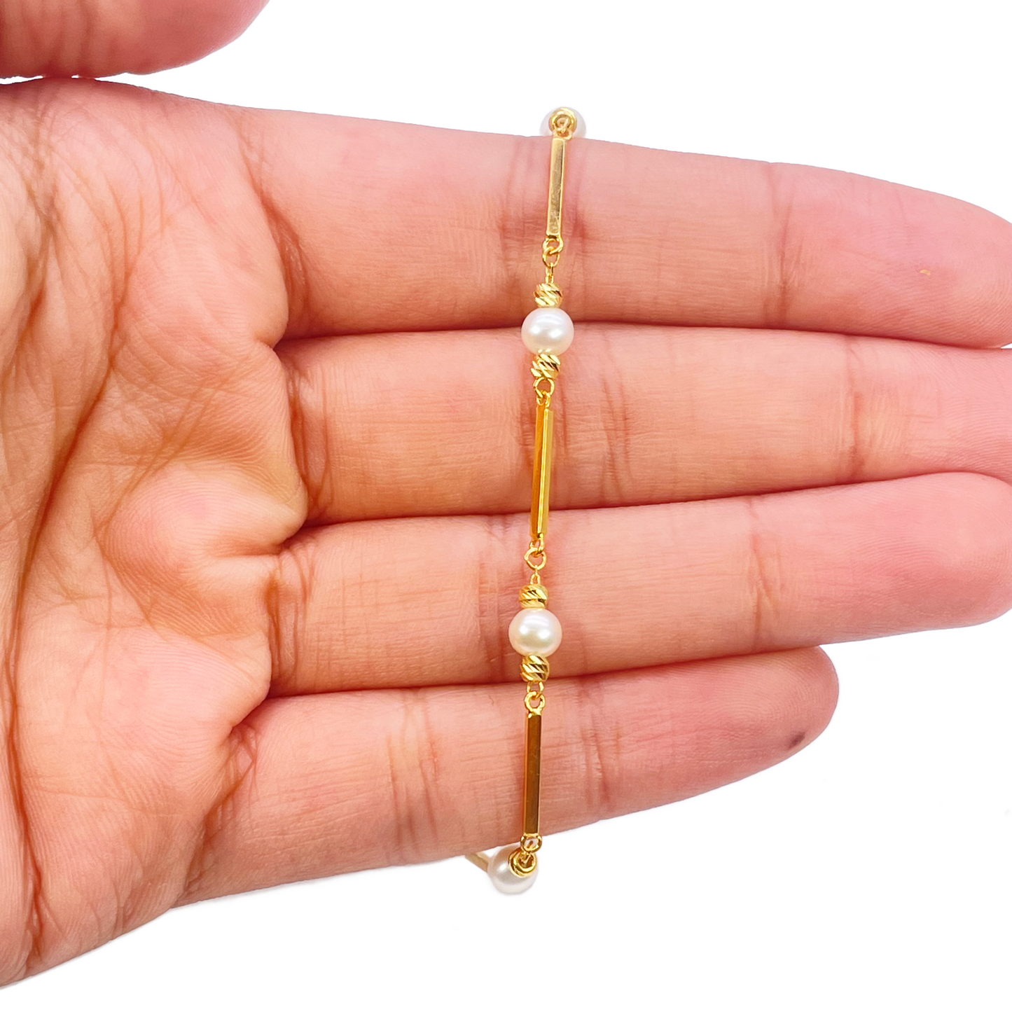 22ct Gold Pearl Bracelet Bar Link Seven Freshwater Pearls 7 Inches 