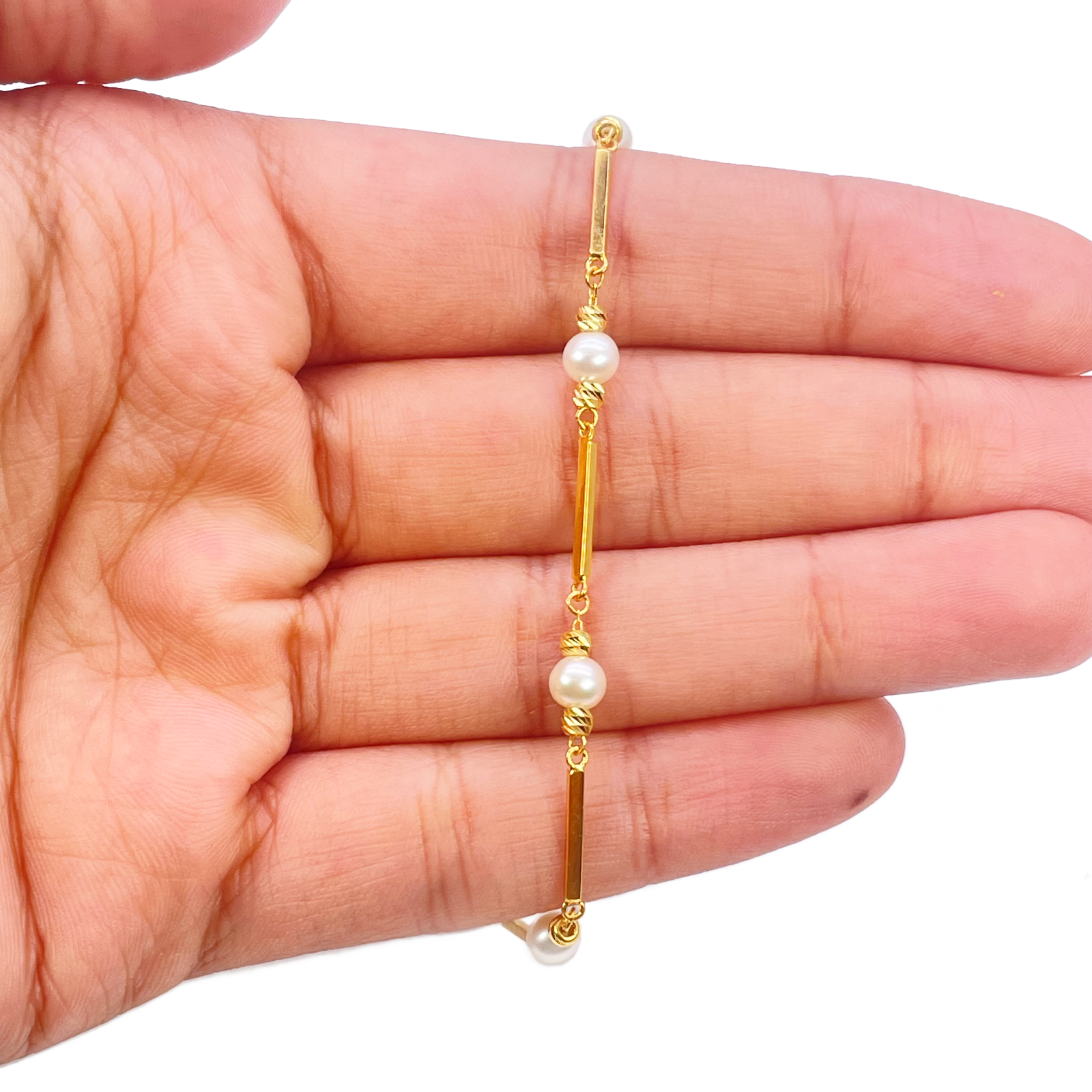 22ct Gold Pearl Bracelet Bar Link Seven Freshwater Pearls 7 Inches 
