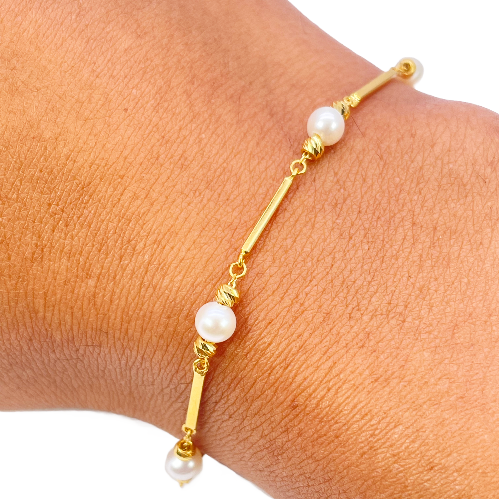 22ct Gold Pearl Bracelet Bar Link Seven Freshwater Pearls 7 Inches 