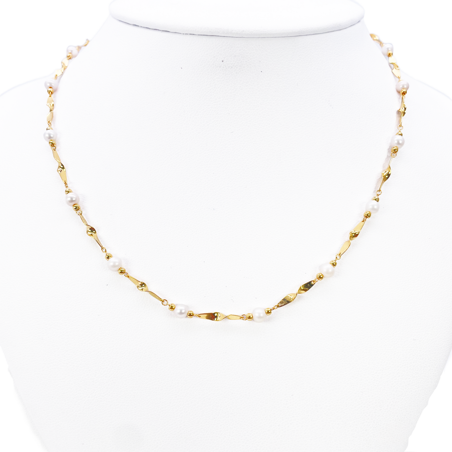 22ct Gold Pearl Necklace High Polished Twisted Link Freshwater Pearl Chain 16 inches 