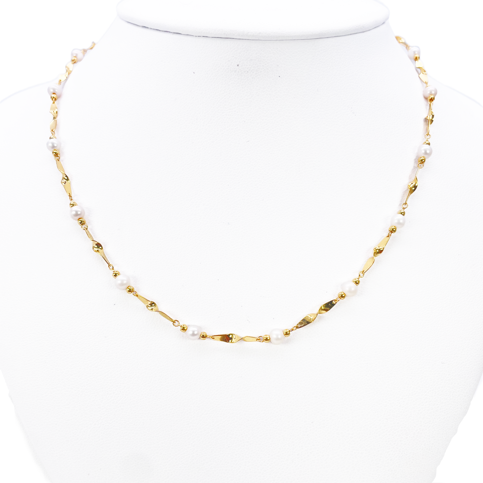 22ct Gold Pearl Necklace High Polished Twisted Link Freshwater Pearl Chain 16 inches 