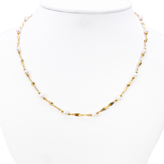 22ct Gold Pearl Necklace High Polished Twisted Link Freshwater Pearl Chain 16 inches 
