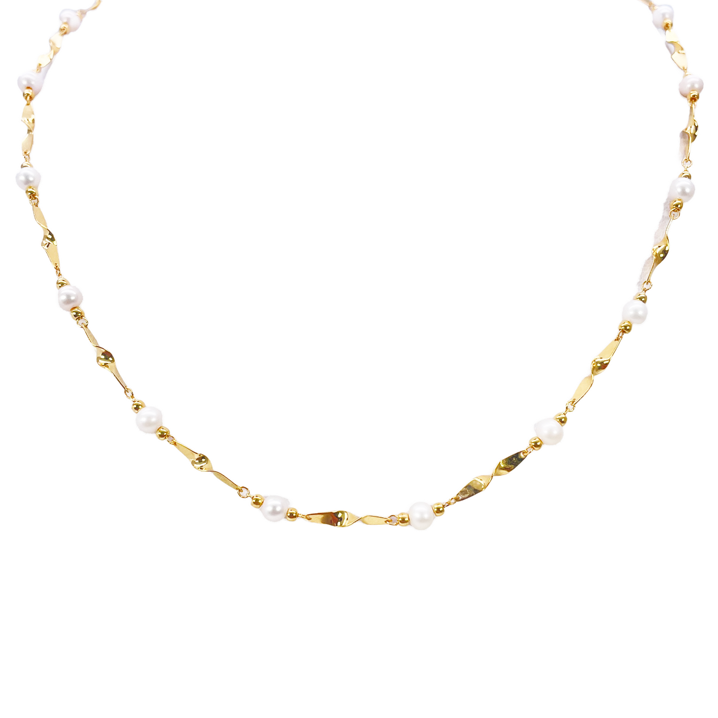 22ct Gold Pearl Necklace High Polished Twisted Link Freshwater Pearl Chain 16 inches 