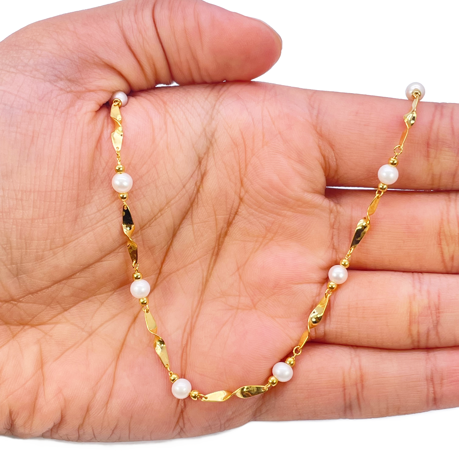 22ct Gold Pearl Necklace High Polished Twisted Link Freshwater Pearl Chain 16 inches 