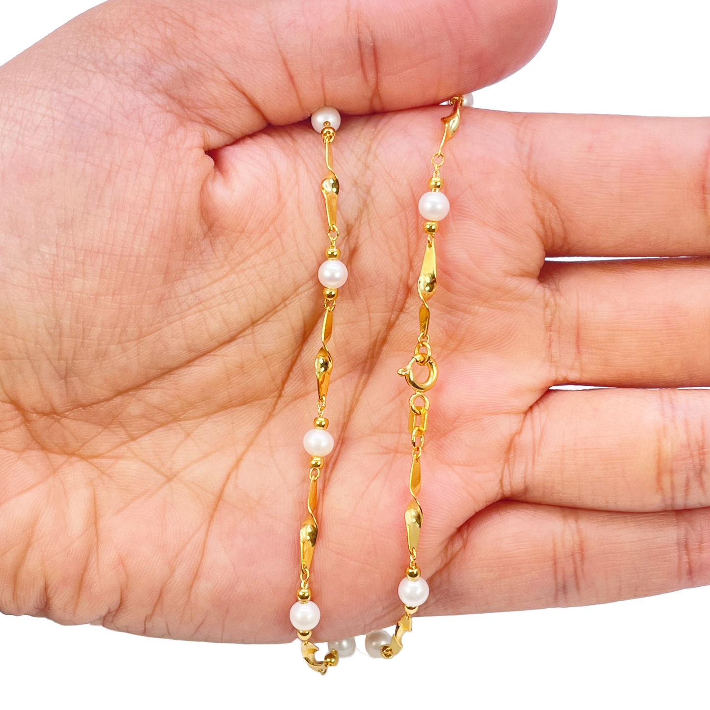 22ct Gold Pearl Necklace High Polished Twisted Link Freshwater Pearl Chain 16 inches 
