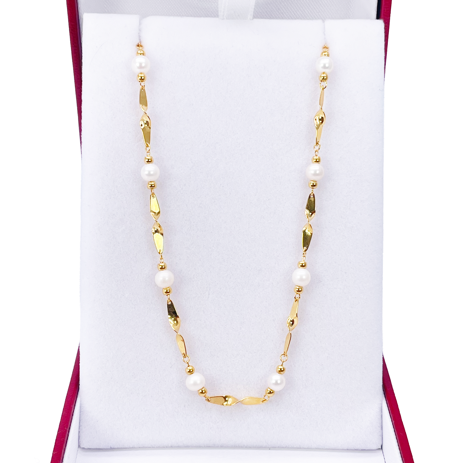 22ct Gold Pearl Necklace High Polished Twisted Link Freshwater Pearl Chain 16 inches 