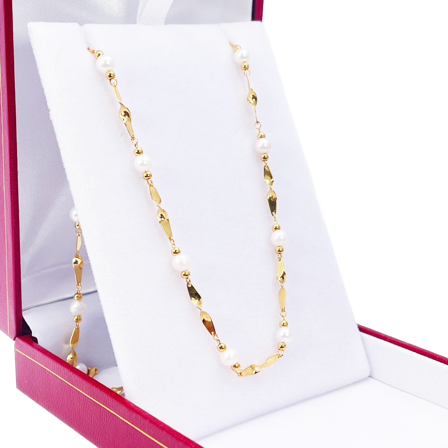 22ct Gold Pearl Necklace High Polished Twisted Link Freshwater Pearl Chain 16 inches 