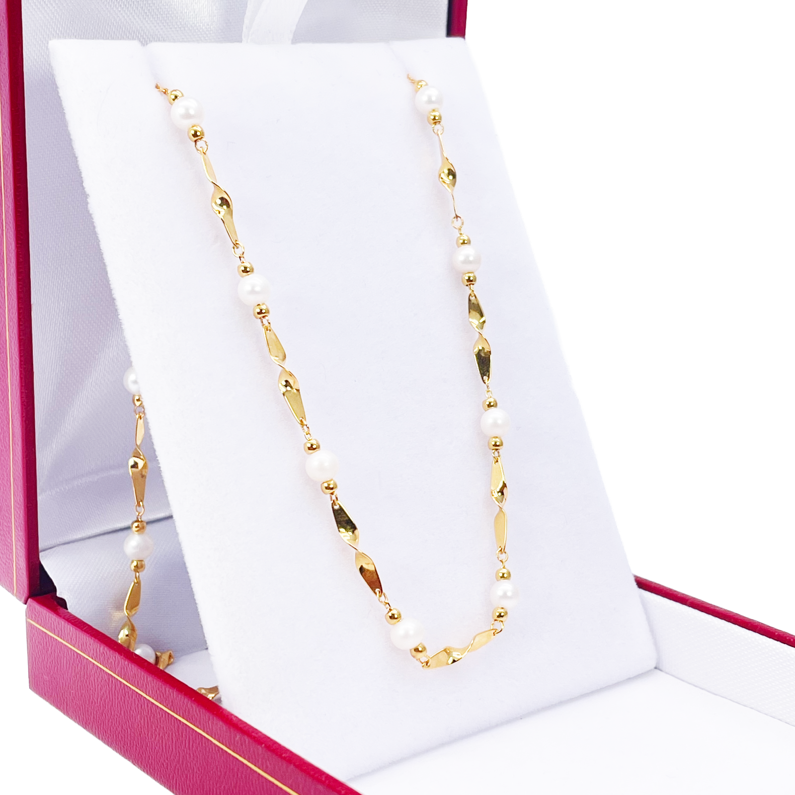 22ct Gold Pearl Necklace High Polished Twisted Link Freshwater Pearl Chain 16 inches 